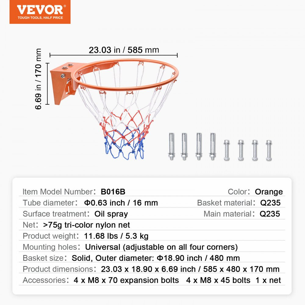 ODDTOOLS Basketball Rim, Wall Door Mounted Basketball Hoop, Heavy Duty Q235 Basketball Flex Rim Goal Replacement with Net, Standard 18" Indoor and Outdoor Hanging Basketball Hoop for Kids Adults