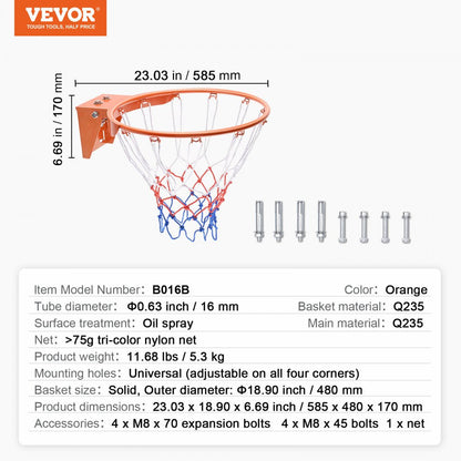 ODDTOOLS Basketball Rim, Wall Door Mounted Basketball Hoop, Heavy Duty Q235 Basketball Flex Rim Goal Replacement with Net, Standard 18" Indoor and Outdoor Hanging Basketball Hoop for Kids Adults