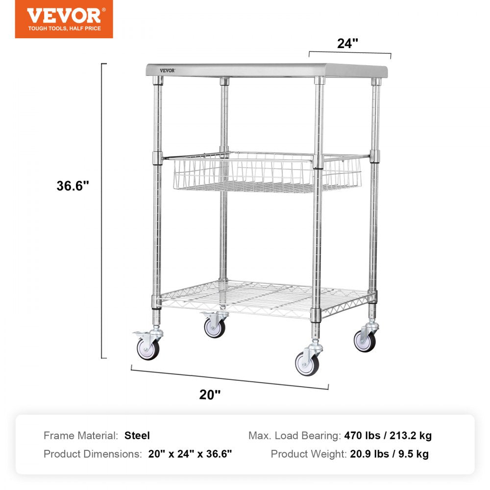 ODDTOOLS 3-Tier Utility Cart Rolling Cart on Wheels 24"x20"x36.6" 470 LBS 6 Hooks