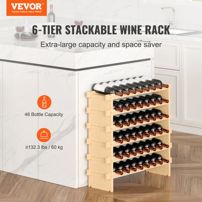 ODDTOOLS 48 Bottle Stackable Modular Wine Rack Bamboo Wood Display Shelf 6-Tier