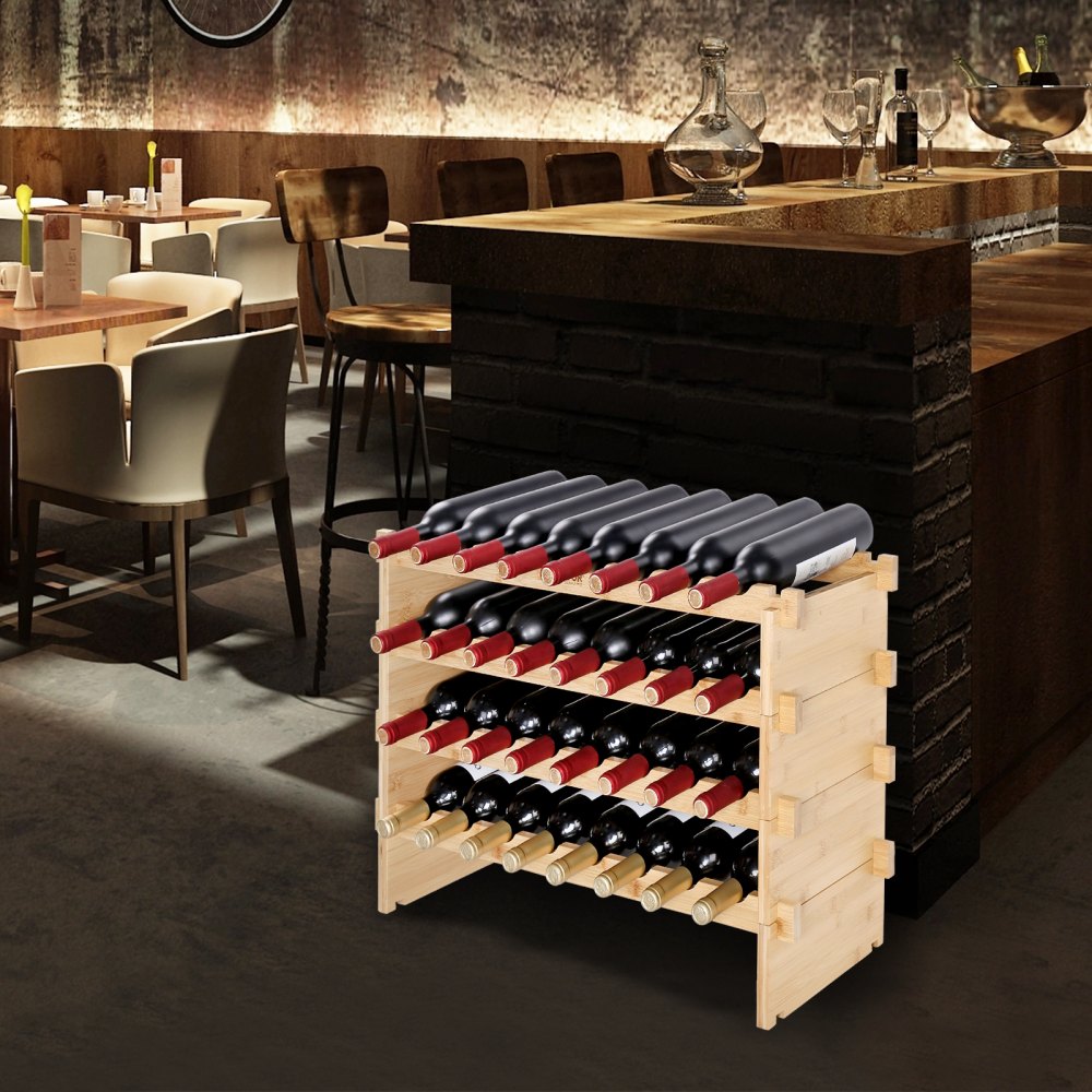 ODDTOOLS 48 Bottle Stackable Modular Wine Rack Bamboo Wood Display Shelf 6-Tier