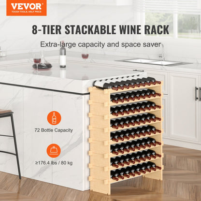 ODDTOOLS 72 Bottle Stackable Modular Wine Rack Bamboo Wood Display Shelf 8-Tier