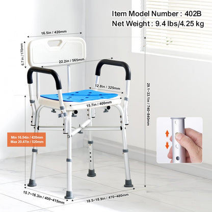 ODDTOOLS Shower Chair Seat with Padded Arms and Back, Shower Stool with Reinforced CrossBar, Adjustable Height Bench Bath Chair for Elderly Disabled, Shower Chair for Inside Shower Bathtub, 400 lbs