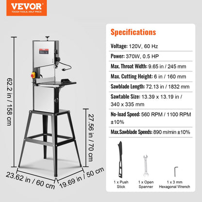 ODDTOOLS Band Saw with Stand, 10-Inch, 560 & 1100 RPM Two-Speed Benchtop Bandsaw, 370W 0.5HP Motor with Metal Stand Optimized Work Light Workbench Fence and Miter Gauge, for Woodworking Aluminum Plastic