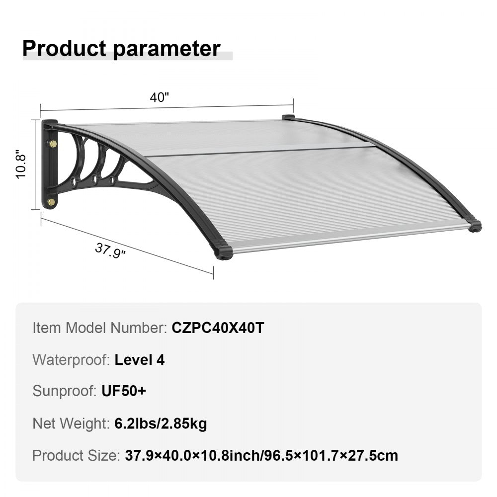 ODDTOOLS Window Door Awning Canopy 40" x 40", UPF 50+ Polycarbonate Entry Door Outdoor Window Awning Exterior, Front Door Overhang Awning for Sun Shutter, UV, Rain, Snow Protection, Hollow Sheet