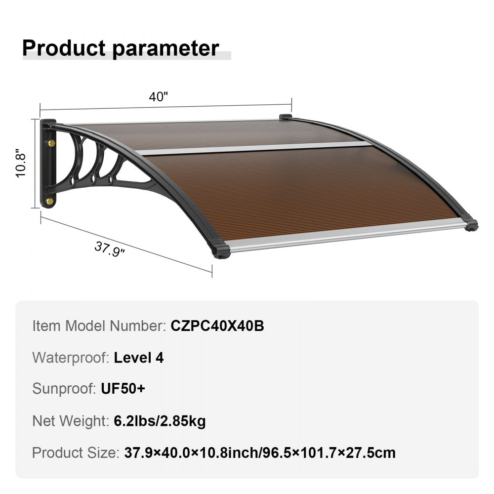 ODDTOOLS Window Door Awning Canopy 40" x 40", UPF 50+ Polycarbonate Entry Door Outdoor Window Awning Exterior, Front Door Overhang Awning for Sun Shutter, UV, Rain, Snow Protection, Hollow Sheet