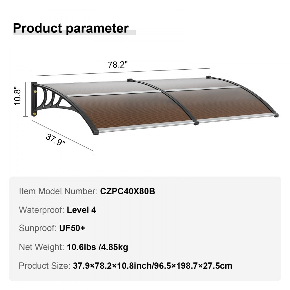 ODDTOOLS Window Door Awning Canopy 80" x 40", UPF 50+ Polycarbonate Entry Door Outdoor Window Awning Exterior, Front Door Overhang Awning for Sun Shutter, UV, Rain, Snow Protection, Hollow Sheet