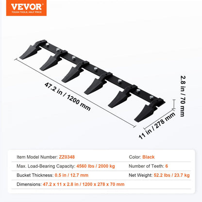 ODDTOOLS Bucket Tooth Bar, 48'', Heavy Duty Tractor Bucket 6 Teeth Bar for Loader Tractor Skidsteer, 4560 lbs Load-Bearing Capacity Bolt On Design, for Efficient Soil Excavation and Bucket Protection