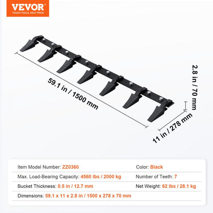 ODDTOOLS Bucket Tooth Bar, 60'', Heavy Duty Tractor Bucket 7 Teeth Bar for Loader Tractor Skidsteer, 4560 lbs Load-Bearing Capacity Bolt On Design, for Efficient Soil Excavation and Bucket Protection