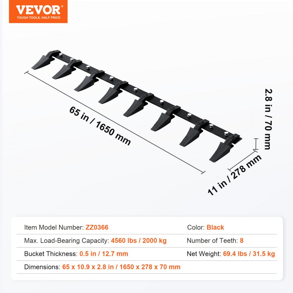 ODDTOOLS Bucket Tooth Bar, 66'', Heavy Duty Tractor Bucket 8 Teeth Bar for Loader Tractor Skidsteer, 4560 lbs Load-Bearing Capacity Bolt On Design, for Efficient Soil Excavation and Bucket Protection