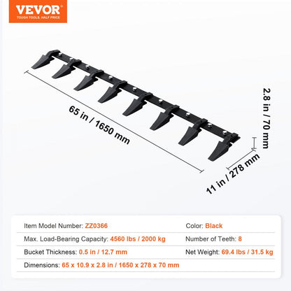 ODDTOOLS Bucket Tooth Bar, 66'', Heavy Duty Tractor Bucket 8 Teeth Bar for Loader Tractor Skidsteer, 4560 lbs Load-Bearing Capacity Bolt On Design, for Efficient Soil Excavation and Bucket Protection