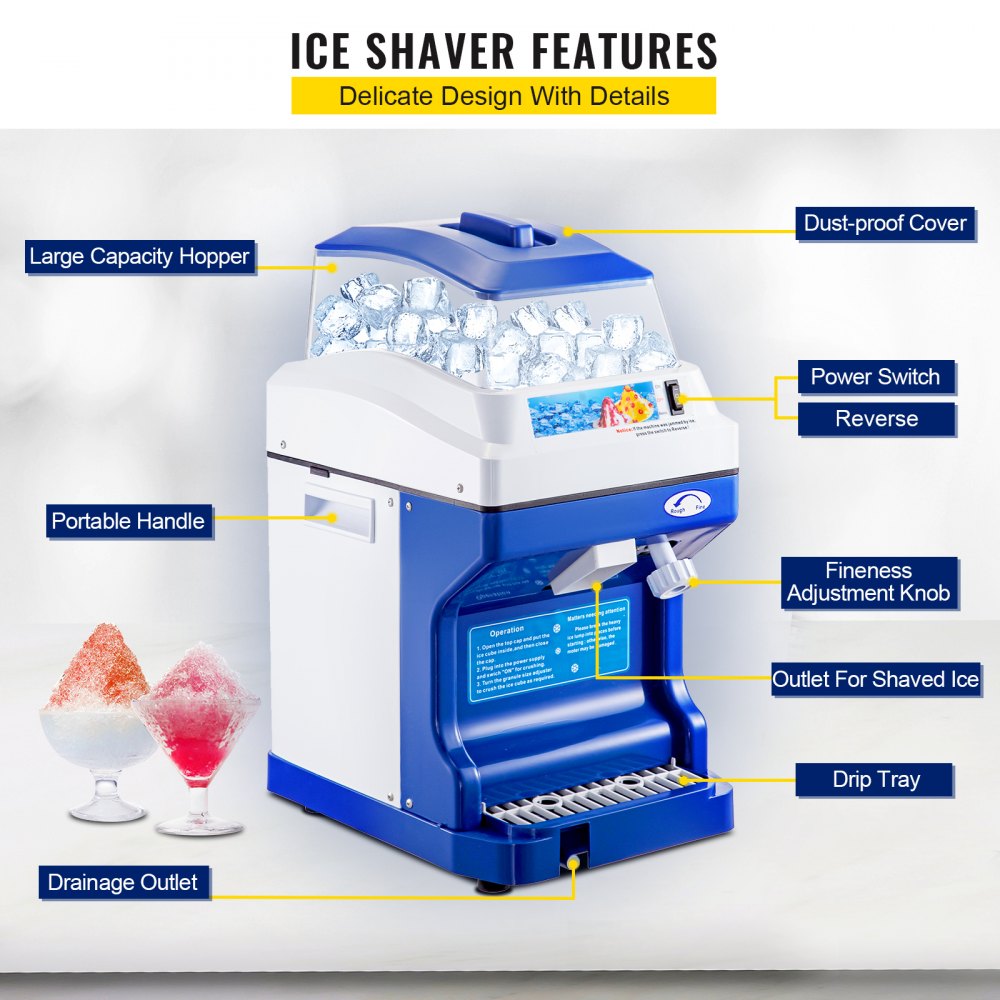 ODDTOOLS 110V Commercial Ice Shaver Crusher 441LBS/H with 11LBS Hopper, 300W Tabletop Electric Snow Cone Maker 320 RPM Rotate Speed Perfect For Parties Events Snack Bar