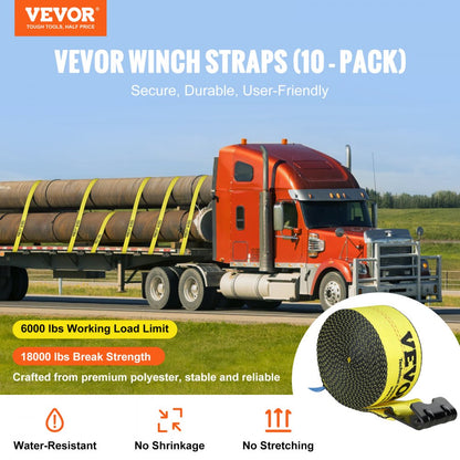 ODDTOOLS Winch Straps, 4" x 30', 6000 lbs Load Capacity, 18000 lbs Break Strength, Truck Straps with Flat Hook, Flatbed Tie Downs Cargo Control for Trailers, Farms, Rescues, Tree Saver, Yellow (10 Pack)