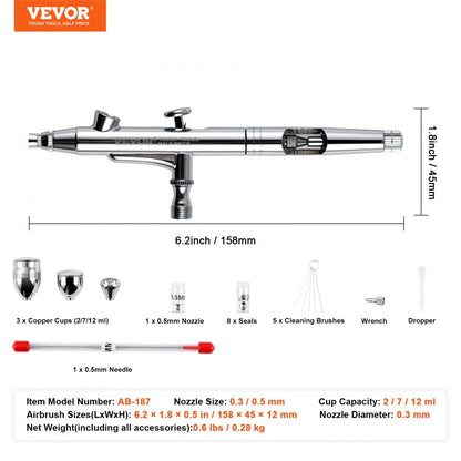 ODDTOOLS Airbrush Gun, Dual Action Gravity Feed with 0.3 mm and 0.5 mm Nozzles, Airbrush Kit with 2/7/12ml Copper Cups and Cleaning Accessories, Ideal for Painting Models, Desserts, Cakes, and Nail Art