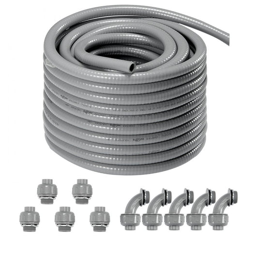 ODDTOOLS 1/2-Inch Flexible Electrical Conduit, 100 ft, PVC Liquid-Tight Conduit Non-Metallic with 5 Straight and 5 90-Degree Conduit Connector Fittings, for Air Conditioning Motor Controller Pump, IP65