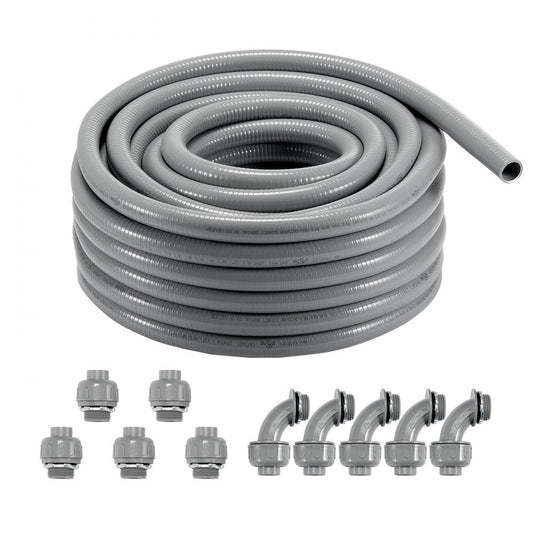 ODDTOOLS 1-Inch Flexible Electrical Conduit, 100 ft, PVC Liquid-Tight Conduit Non-Metallic with 5 Straight and 5 90-Degree Conduit Connector Fittings, for Air Conditioning Motor Controller Pump, IP65