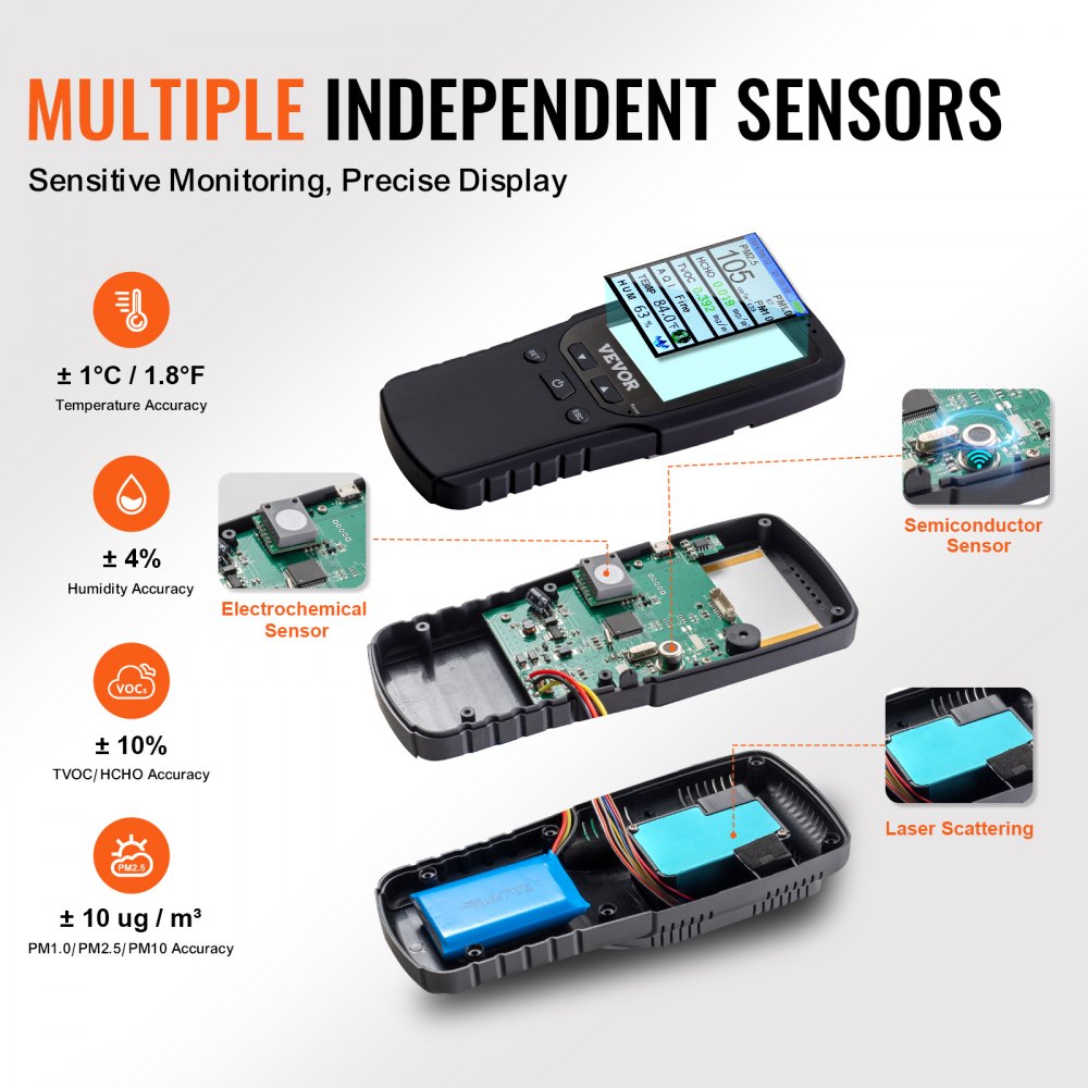 ODDTOOLS Air Quality Monitor 8-IN-1, Professional PM2.5 PM10 PM1.0 Particle Counter, Formaldehyde, Temperature, Humidity, TVOC AQI Tester for Indoor/Outdoor, Air Quality Meter w/Alarm Thresholds