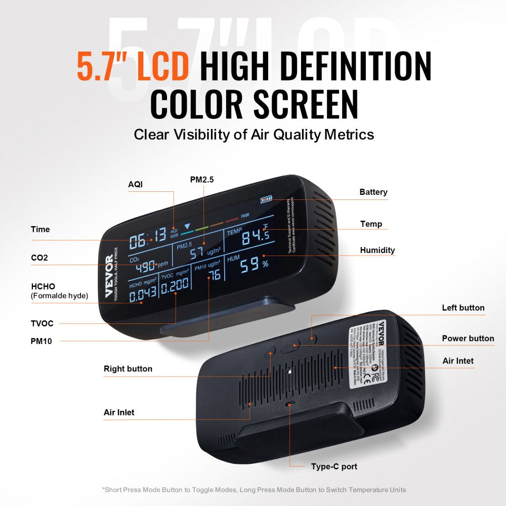 ODDTOOLS Air Quality Monitor 9-IN-1, CO2, Temperature, Humidity, Formaldehyde TVOC AQI Tester, Professional PM2.5 PM10 PM1.0 Particle Counter for Indoor/Outdoor, Air Quality Meter  w/Alarm Thresholds