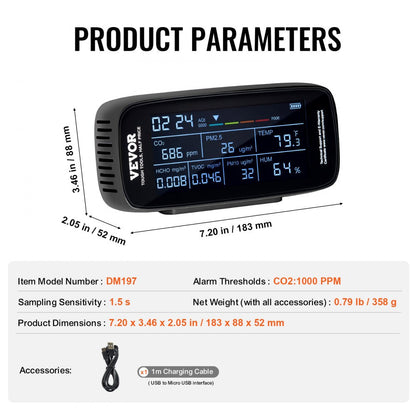 ODDTOOLS Air Quality Monitor 9-IN-1, CO2, Temperature, Humidity, Formaldehyde TVOC AQI Tester, Professional PM2.5 PM10 PM1.0 Particle Counter for Indoor/Outdoor, Air Quality Meter  w/Alarm Thresholds