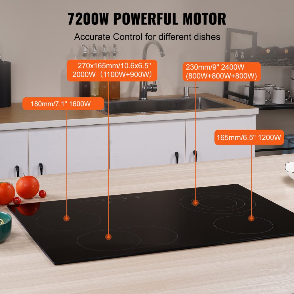 ODDTOOLS Built in Electric Stove Top, 30.3 x 20.5 inch 4 Burners, 240V Glass Radiant Cooktop with Sensor Touch Control, Timer & Child Lock Included, 9 Power Levels for Simmer Steam Slow Cook Fry