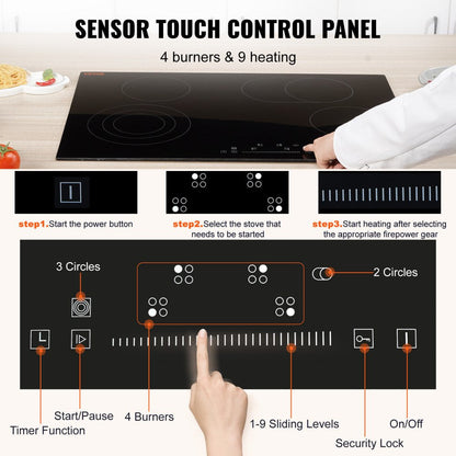 ODDTOOLS Built in Electric Stove Top, 30.3 x 20.5 inch 4 Burners, 240V Glass Radiant Cooktop with Sensor Touch Control, Timer & Child Lock Included, 9 Power Levels for Simmer Steam Slow Cook Fry