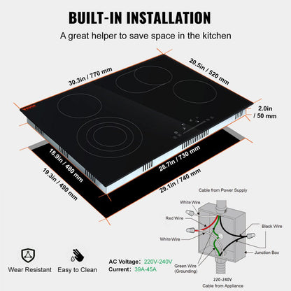 ODDTOOLS Built in Electric Stove Top, 30.3 x 20.5 inch 4 Burners, 240V Glass Radiant Cooktop with Sensor Touch Control, Timer & Child Lock Included, 9 Power Levels for Simmer Steam Slow Cook Fry