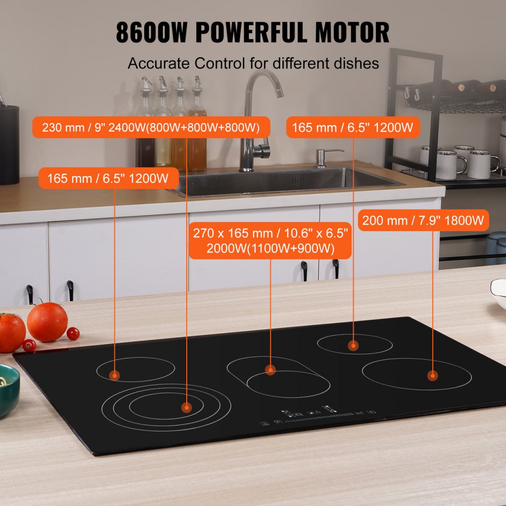 ODDTOOLS Built in Electric Stove Top, 30.3 x 20.5 inch 5 Burners, 240V Glass Radiant Cooktop with Sensor Touch Control, Timer & Child Lock Included, 9 Power Levels for Simmer Steam Slow Cook Fry