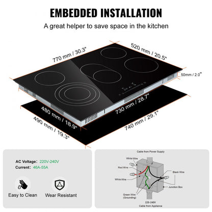 ODDTOOLS Built in Electric Stove Top, 30.3 x 20.5 inch 5 Burners, 240V Glass Radiant Cooktop with Sensor Touch Control, Timer & Child Lock Included, 9 Power Levels for Simmer Steam Slow Cook Fry