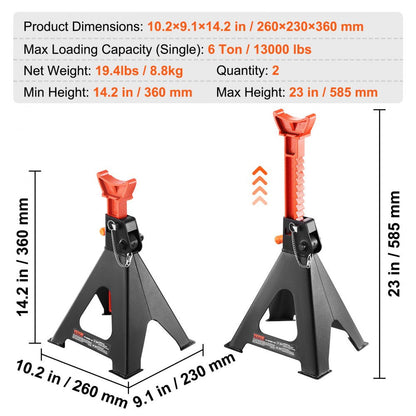 ODDTOOLS Jack Stands, 6 Ton (13,000 lbs) Capacity Car Jack Stands Double Locking, 14.2 -23 inch Adjustable Height, for lifting SUV, Pickup Truck, Car and UTV/ATV, Red, 1 Pair