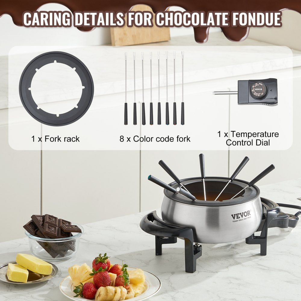 ODDTOOLS Electric Fondue Pot Set for Cheese & Chocolate, 3 Quart Chocolate Melting Warmer, Stainless Steel Fondue Maker with Temperature Control and 8 Forks, for Hors d'Oeuvres, Entrees, and Desserts