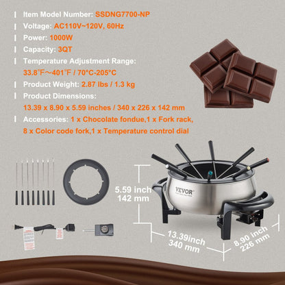 ODDTOOLS Electric Fondue Pot Set for Cheese & Chocolate, 3 Quart Chocolate Melting Warmer, Stainless Steel Fondue Maker with Temperature Control and 8 Forks, for Hors d'Oeuvres, Entrees, and Desserts