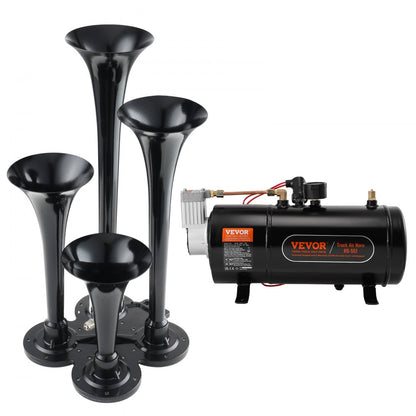 ODDTOOLS Train Horns Kit, 4 Trumpet Air Horn Kit, 150dB Train Horns for Pickup Trucks, 12V 120 psi Air Compressor 0.8 Gal/3 L Tank with Gauge for Any 12V Vehicle Car Truck Train Van Boat