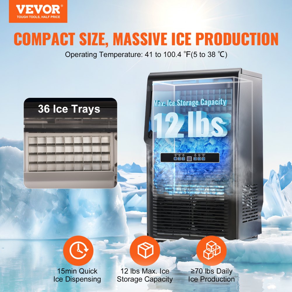 ODDTOOLS Commercial Ice Maker, 70lbs/24H, Ice Maker Machine, 36 Ice Cubes in 12-15 Minutes, Freestanding Cabinet Ice Maker with 11lbs Storage Capacity LED Digital Display, for Bar Home Office Restaurant