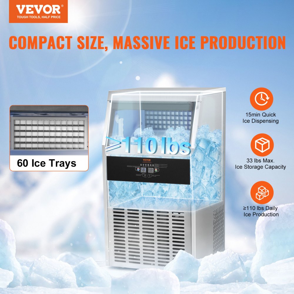 ODDTOOLS Commercial Ice Maker, 110lbs/24H, Ice Maker Machine, 60 Ice Cubes in 12-15 Minutes, Freestanding Cabinet Ice Maker with 33lbs Storage Capacity LED Digital Display, for Bar Home Office Restaurant