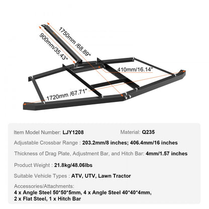 ODDTOOLS Driveway Drag, 66" Width Tow Behind Drag Harrow, Q235 Steel Driveway Grader with Adjustable Bars, Support up to 50 lbs, Driveway Tractor Harrow for ATVs, UTVs, Garden Lawn Tractors