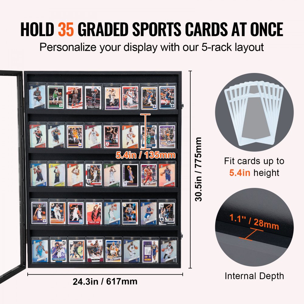 ODDTOOLS 35 Graded Sports Card Display Case, 24.3x30.5x2.1 in, Baseball Card Display Frame with 98% UV Protection Clear View PC Glass, Lockable Wall Cabinet for Football Basketball Hockey Trading Card