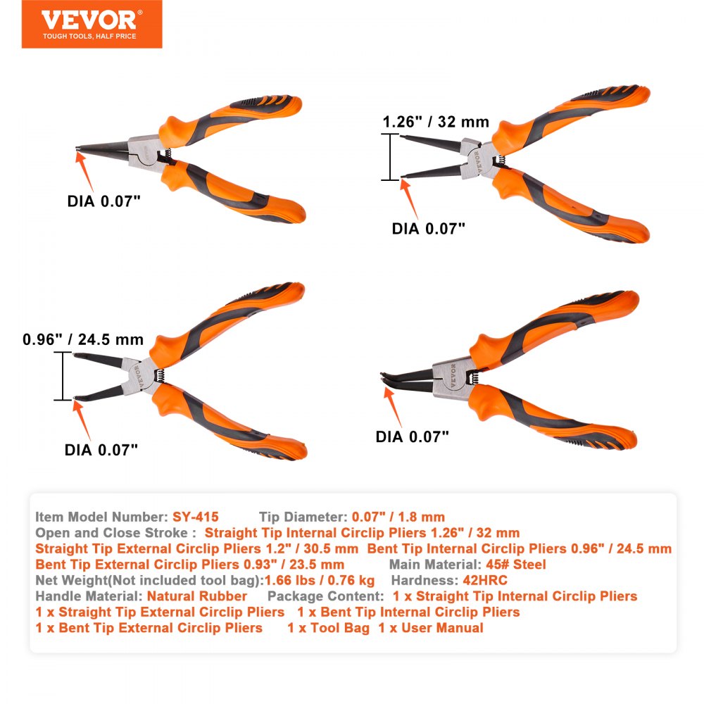 ODDTOOLS 4-Piece Snap Ring Pliers Set, 0.07" Tip Diameter, High Carbon Steel Straight and Bent Jaw, Heavy Duty Internal and External Circlip Pliers Kit, with Portable Tool Bag, For Ring Remover Retaining