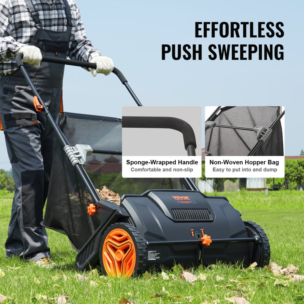 ODDTOOLS Push Lawn Sweeper, 21-inch Leaf & Grass Collector, Strong Rubber Wheels & Heavy Duty Thickened Steel Durable to Use with Large Capacity 3.5 cu. ft. Mesh Collection Hopper Bag, 2 Spinning Brushes