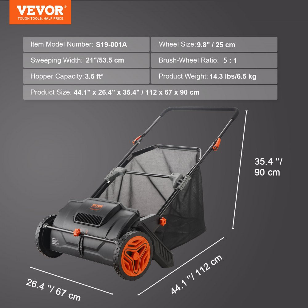 ODDTOOLS Push Lawn Sweeper, 21-inch Leaf & Grass Collector, Strong Rubber Wheels & Heavy Duty Thickened Steel Durable to Use with Large Capacity 3.5 cu. ft. Mesh Collection Hopper Bag, 2 Spinning Brushes