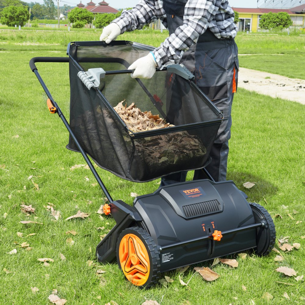 ODDTOOLS Push Lawn Sweeper, 21-inch Leaf & Grass Collector, Strong Rubber Wheels & Heavy Duty Thickened Steel Durable to Use with Large Capacity 3.5 cu. ft. Mesh Collection Hopper Bag, 2 Spinning Brushes