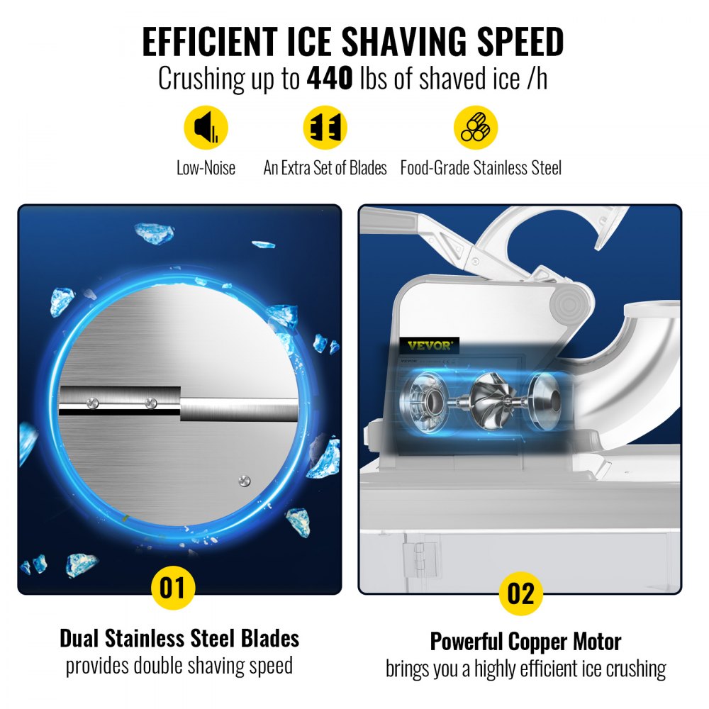 ODDTOOLS 110V Commercial Ice Crusher 440LBS/H, ETL Approved 300W Electric Snow Cone Machine with Dual Blades, Stainless Steel Shaved Ice Machine with Safety On/Off Switch for Family, Restaurants, Bars