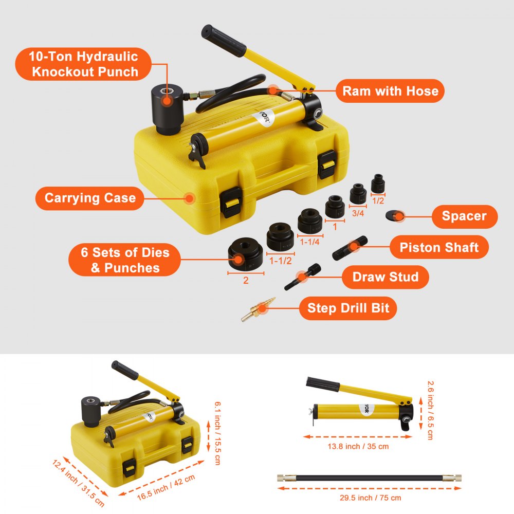 ODDTOOLS 10 Ton Hydraulic Knockout Punch Driver Kit Hole Tool 1/2"-2" with 6 Dies