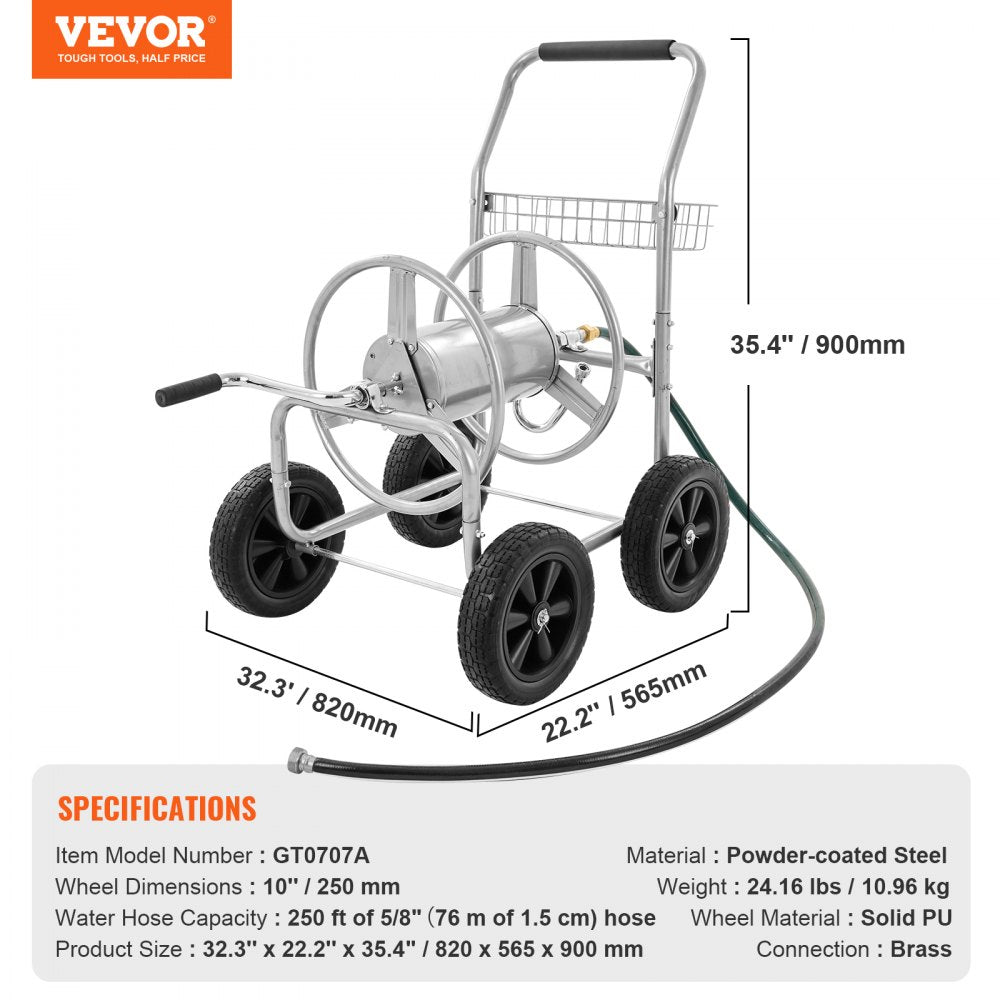 ODDTOOLS Hose Reel Cart, Hold Up to 250 ft of 5/8’’ Hose, Garden Water Hose Carts Mobile Tools with 4 Wheels, Heavy Duty Powder-coated Steel Outdoor Planting with Storage Basket, for Garden, Yard, Lawn