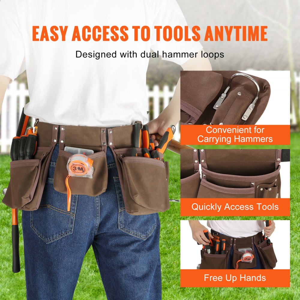 ODDTOOLS 13 Pockets Tool Belt, Adjusts from 29 Inches to 54 Inches, Leather Heavy Duty Tool Pouch Bag with Dual Hammer Loops, Tool Bag for Electrician, Carpenter, Handyman, Construction, Framer, Brown