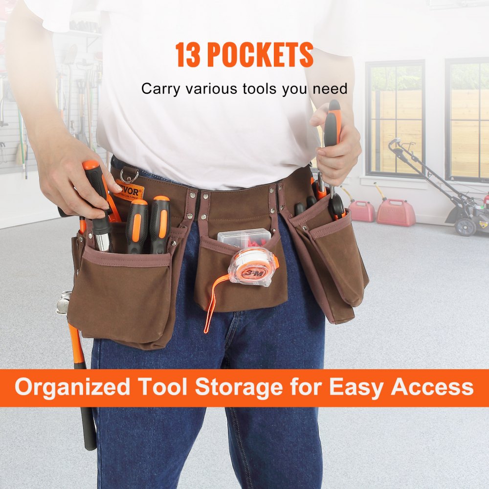 ODDTOOLS 13 Pockets Tool Belt, Adjusts from 29 Inches to 54 Inches, Leather Heavy Duty Tool Pouch Bag with Dual Hammer Loops, Tool Bag for Electrician, Carpenter, Handyman, Construction, Framer, Brown