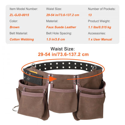 ODDTOOLS 13 Pockets Tool Belt, Adjusts from 29 Inches to 54 Inches, Leather Heavy Duty Tool Pouch Bag with Dual Hammer Loops, Tool Bag for Electrician, Carpenter, Handyman, Construction, Framer, Brown