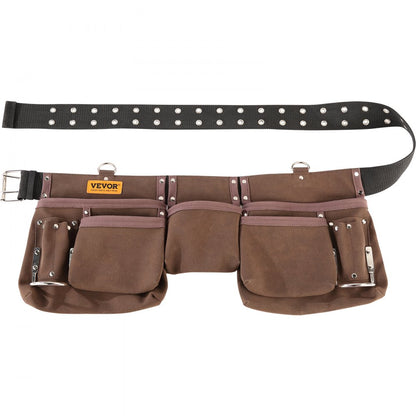 ODDTOOLS 13 Pockets Tool Belt, Adjusts from 29 Inches to 54 Inches, Leather Heavy Duty Tool Pouch Bag with Dual Hammer Loops, Tool Bag for Electrician, Carpenter, Handyman, Construction, Framer, Brown