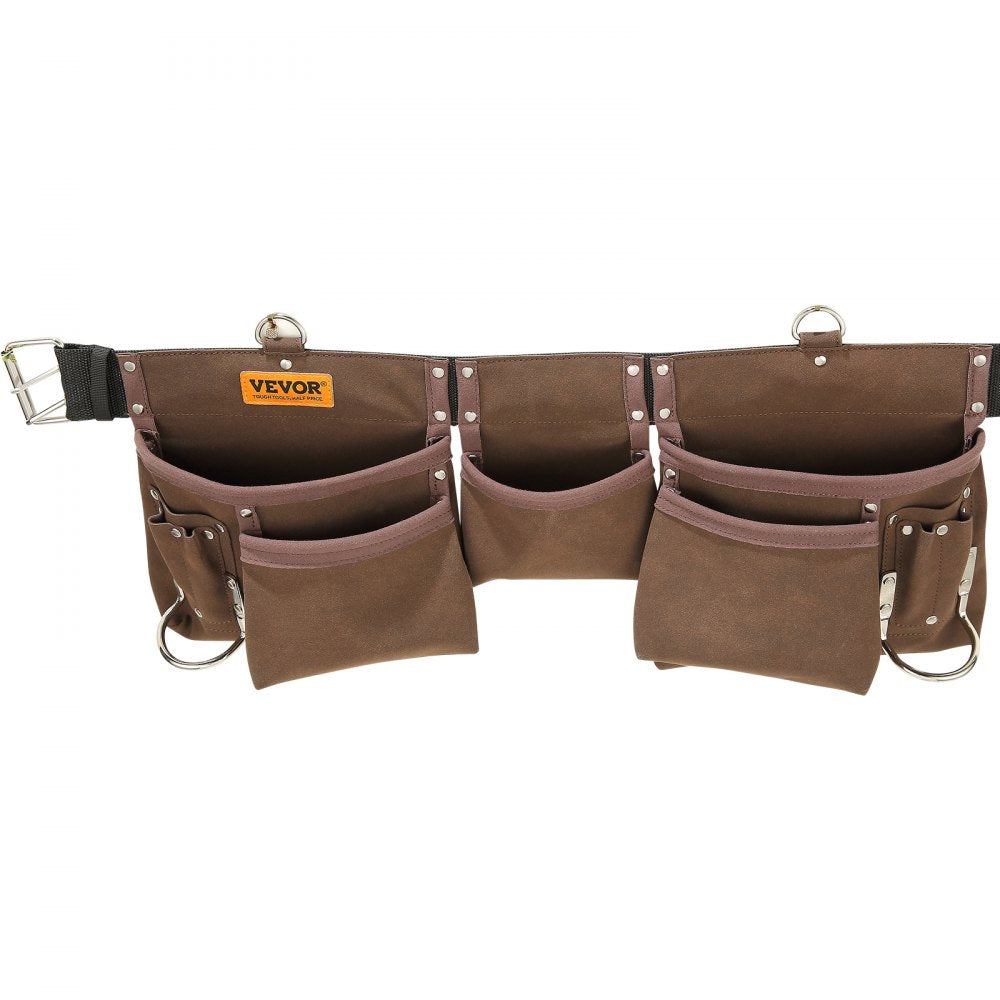 ODDTOOLS 13 Pockets Tool Belt, Adjusts from 29 Inches to 54 Inches, Leather Heavy Duty Tool Pouch Bag with Dual Hammer Loops, Tool Bag for Electrician, Carpenter, Handyman, Construction, Framer, Brown