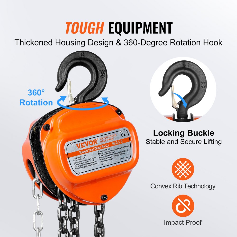 ODDTOOLS 1/2 Ton Hand Chain Hoist 10 FT Come Along, 1100 lbs Capacity G80 Galvanized Carbon Steel with Double-Pawl Brake, Auto Chain Leading & 360° Rotation Hook, for Garage Factory Dock