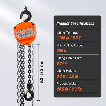 ODDTOOLS 1/2 Ton Hand Chain Hoist 10 FT Come Along, 1100 lbs Capacity G80 Galvanized Carbon Steel with Double-Pawl Brake, Auto Chain Leading & 360° Rotation Hook, for Garage Factory Dock